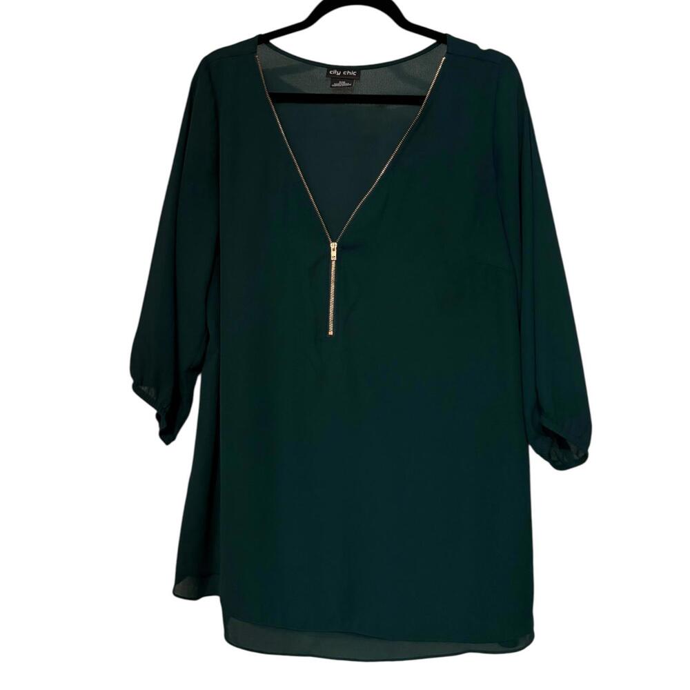 City Chic Size S 16 Emerald Green Zip Front Tunic Blouse 3/4 Sleeve